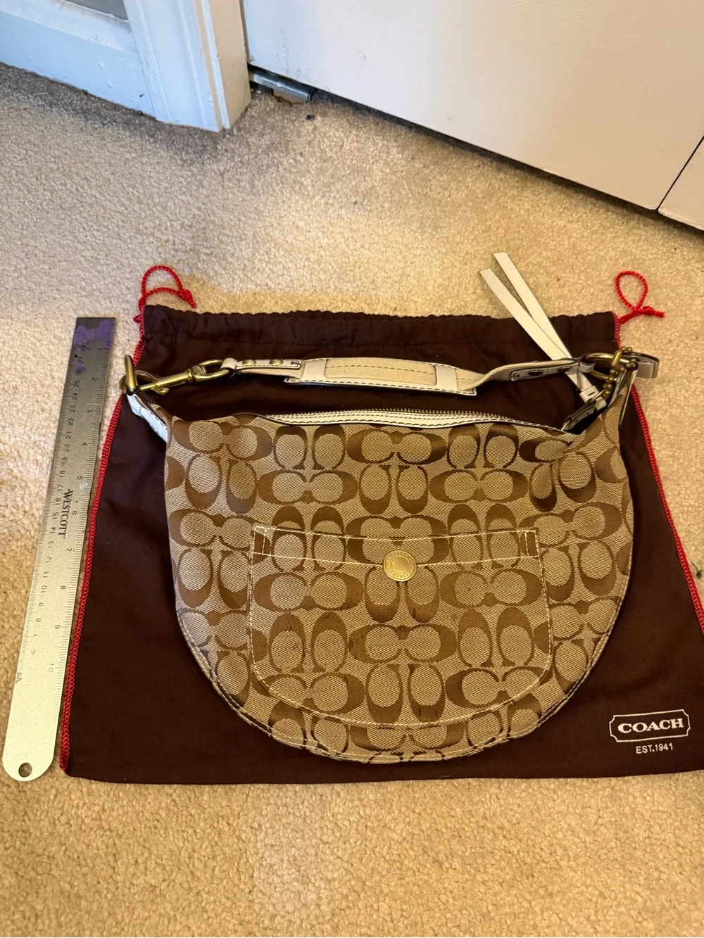 Coach Tan Signature Canvas Hobo with White Trim